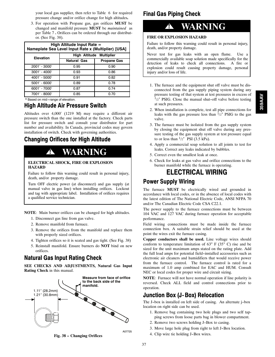 Warning, Electrical wiring, High altitude air pressure switch | Changing orifices for high altitude, Natural gas input rating check, Final gas piping check, Power supply wiring, Junction box (j- box) relocation | Bryant 4-WAY MULTIPOISE 359AAV User Manual | Page 37 / 44