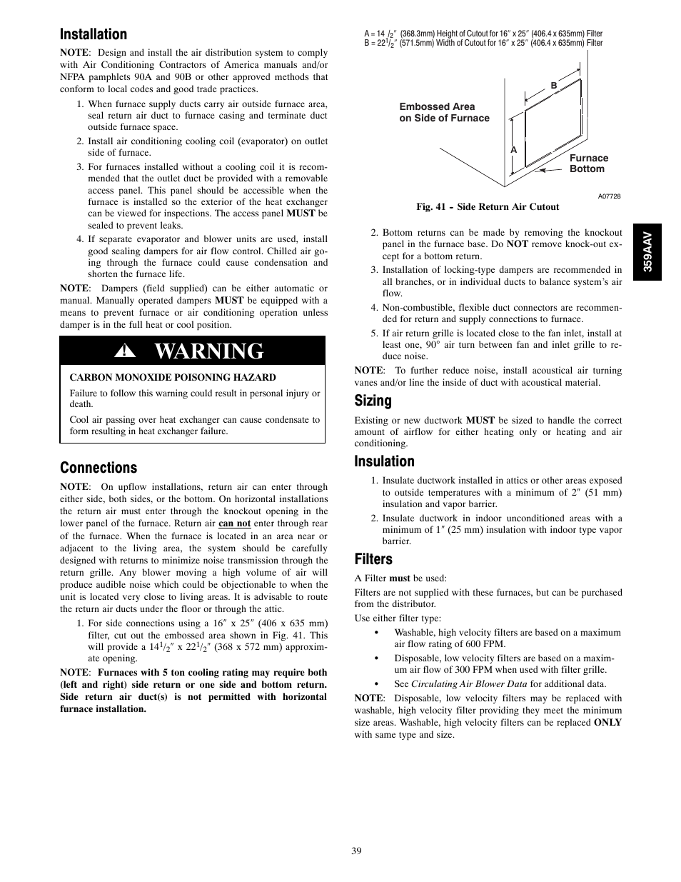 Warning, Installation, Connections | Sizing, Insulation, Filters | Bryant 4-WAY MULTIPOISE 359AAV User Manual | Page 39 / 44