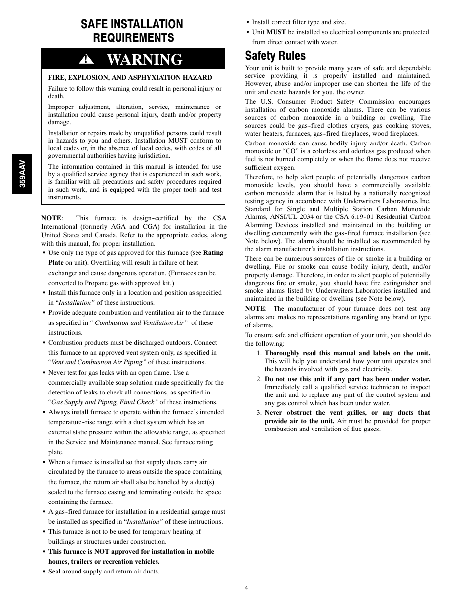 Warning, Safe installation requirements, Safety rules | Bryant 4-WAY MULTIPOISE 359AAV User Manual | Page 4 / 44