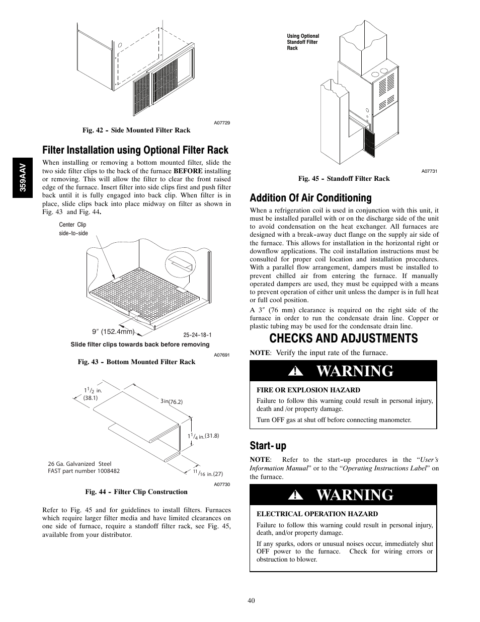 Warning, Checks and adjustments, Filter installation using optional filter rack | Addition of air conditioning, Start- up | Bryant 4-WAY MULTIPOISE 359AAV User Manual | Page 40 / 44