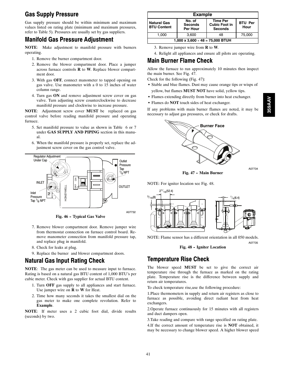 Gas supply pressure, Manifold gas pressure adjustment, Natural gas input rating check | Main burner flame check, Temperature rise check | Bryant 4-WAY MULTIPOISE 359AAV User Manual | Page 41 / 44