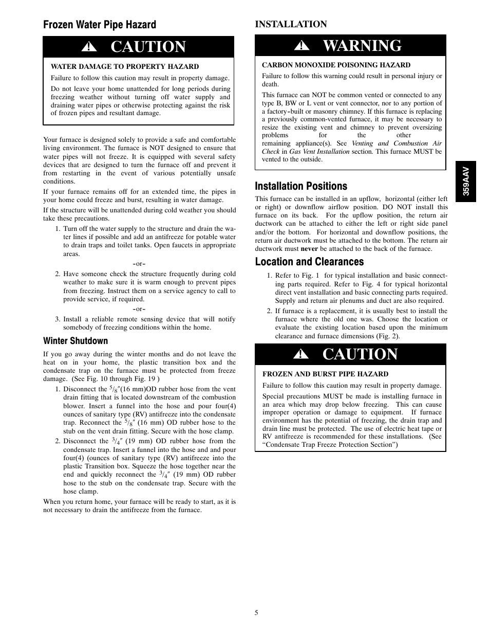 Caution, Warning, Frozen water pipe hazard | Installation positions, Location and clearances | Bryant 4-WAY MULTIPOISE 359AAV User Manual | Page 5 / 44