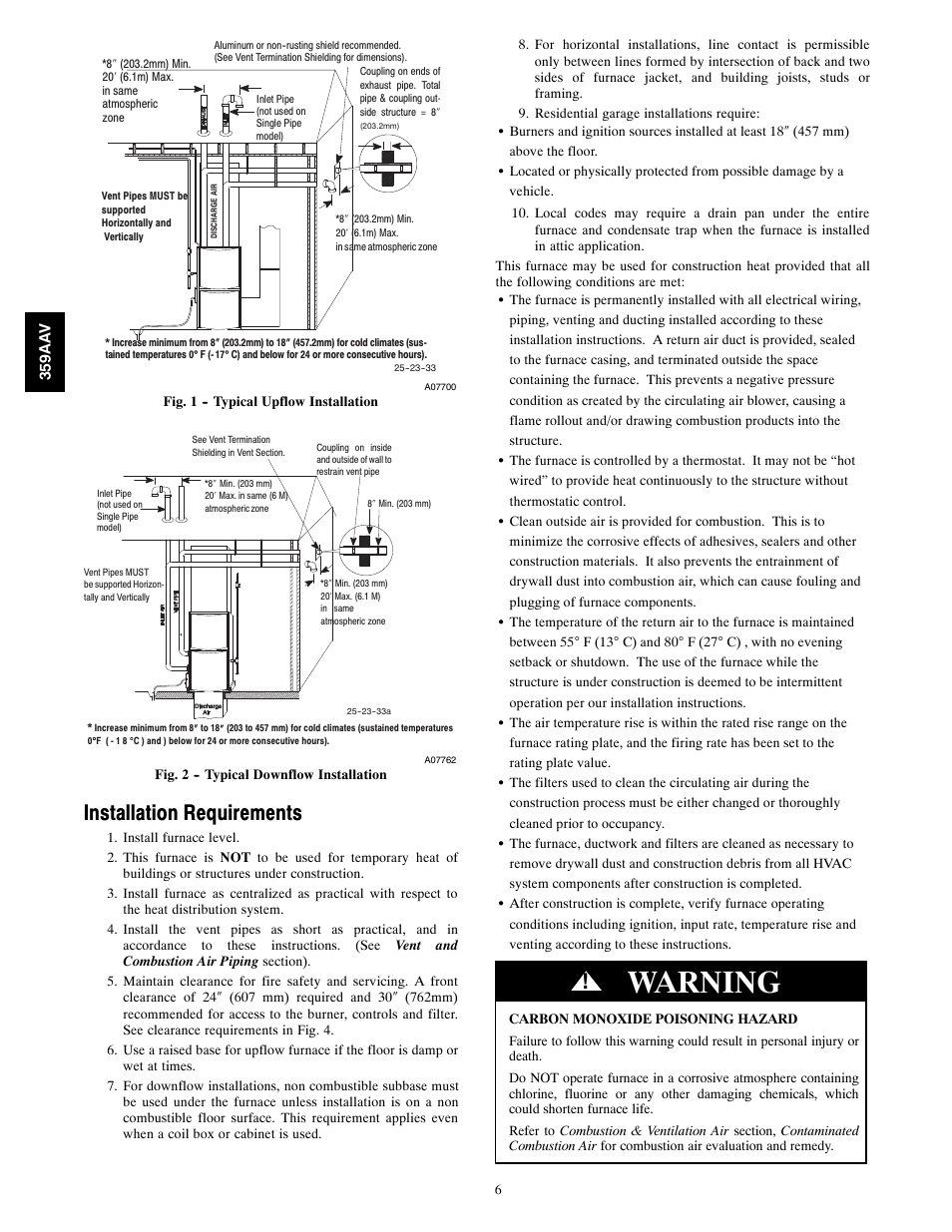 Warning, Installation requirements | Bryant 4-WAY MULTIPOISE 359AAV User Manual | Page 6 / 44