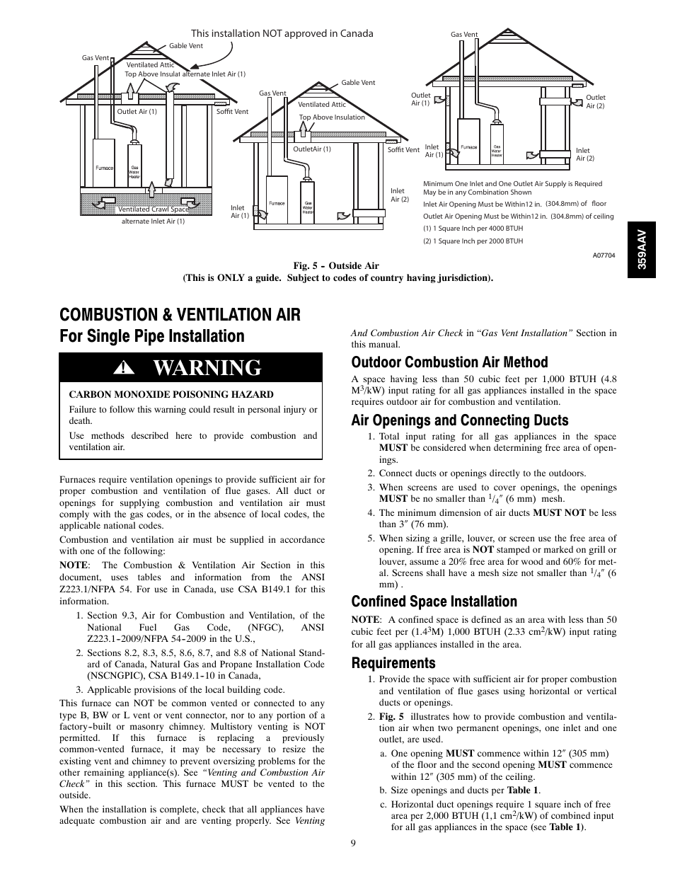 Warning, Outdoor combustion air method, Air openings and connecting ducts | Confined space installation, Requirements | Bryant 4-WAY MULTIPOISE 359AAV User Manual | Page 9 / 44