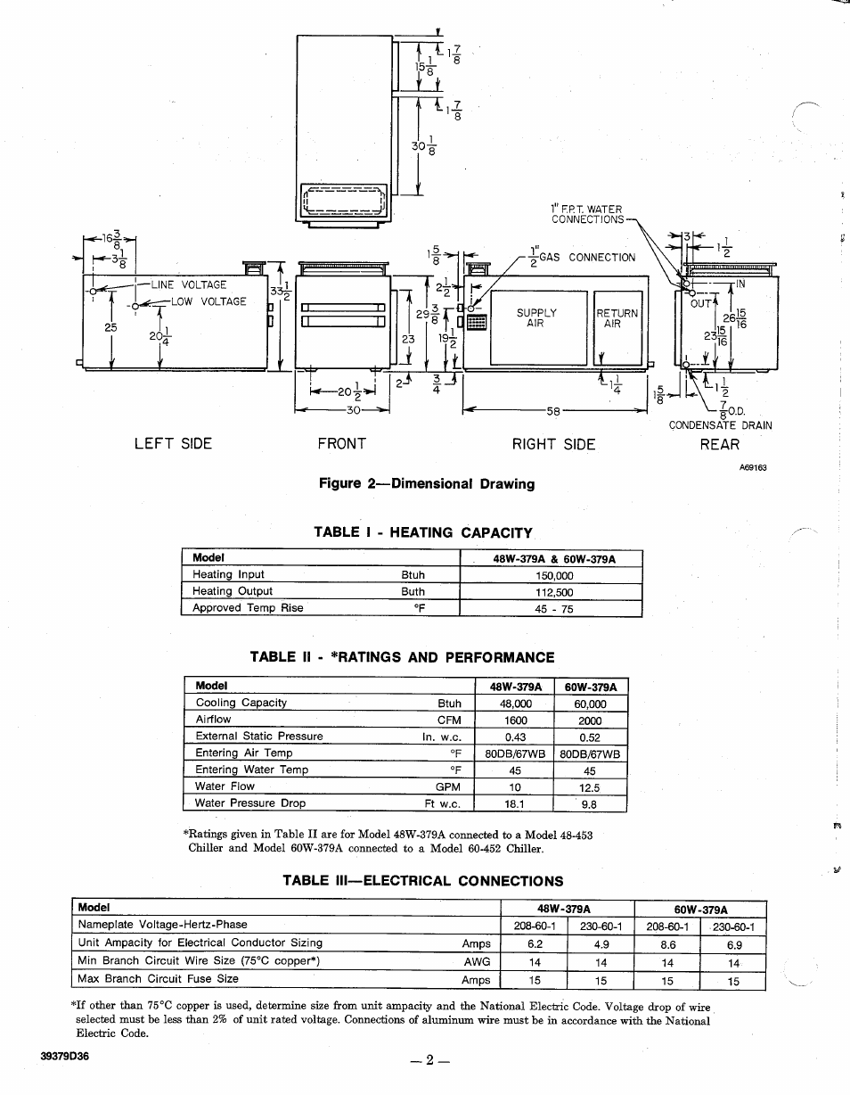 Figure 2—dimensional drawing, Table ii • «ratings and performance, Table iii—electrical connections | Bryant Outdoor Heating Unit 379A User Manual | Page 2 / 8