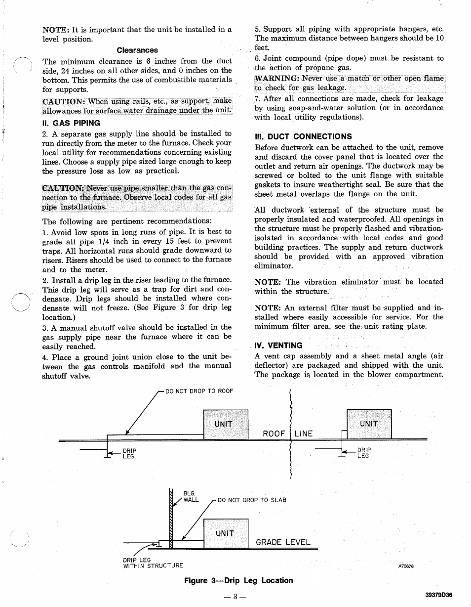 Clearances, Ii. gas piping, Iii. duct connections | Iv. venting | Bryant Outdoor Heating Unit 379A User Manual | Page 3 / 8