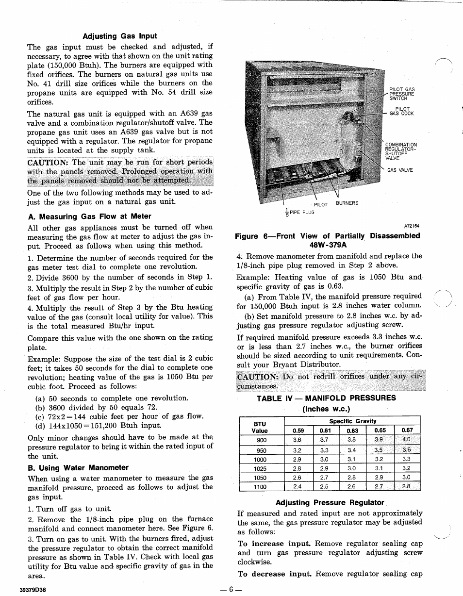Adjusting gas input, A. measuring gas flow at meter, Adjusting pressure regulator | Bryant Outdoor Heating Unit 379A User Manual | Page 6 / 8