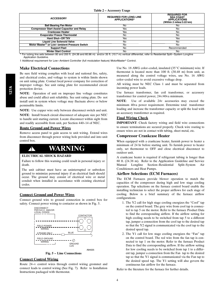 Warning, Make electrical connections, Compressor crankcase heater | Airflow selections (ecm furnaces) | Bryant 127A User Manual | Page 4 / 10