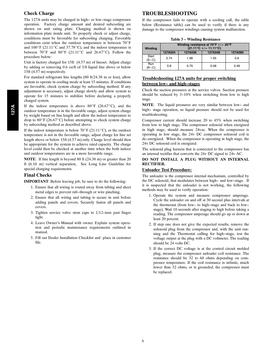 Troubleshooting, Check charge, Final checks | Bryant 127A User Manual | Page 6 / 10
