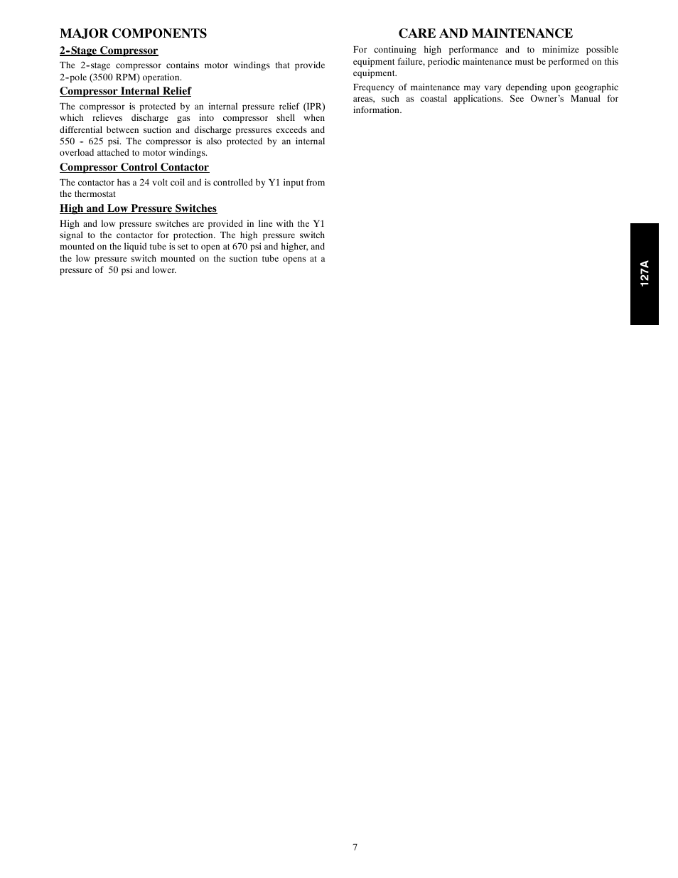 Major components, Care and maintenance | Bryant 127A User Manual | Page 7 / 10
