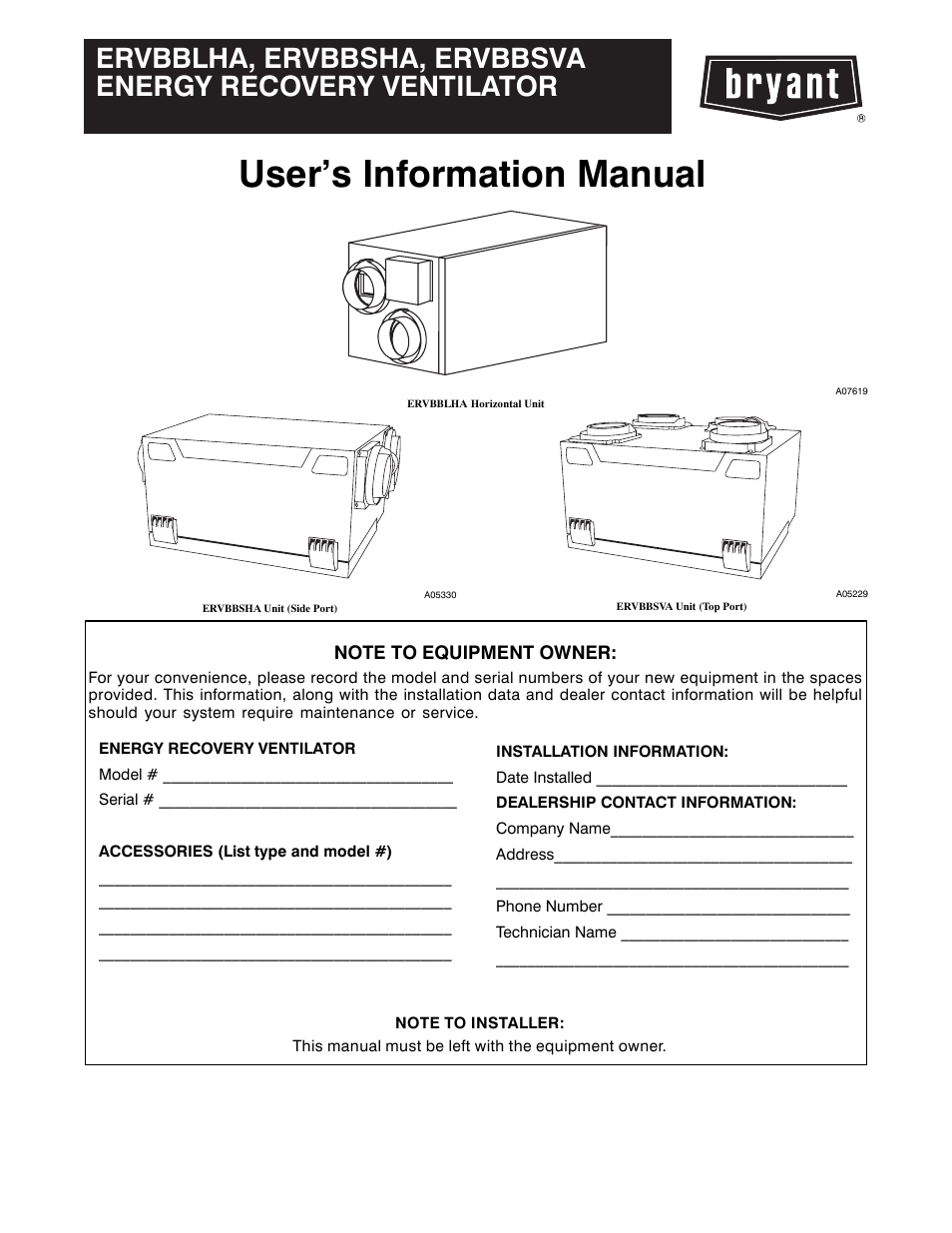 Bryant ERVBBLHA User Manual | 4 pages