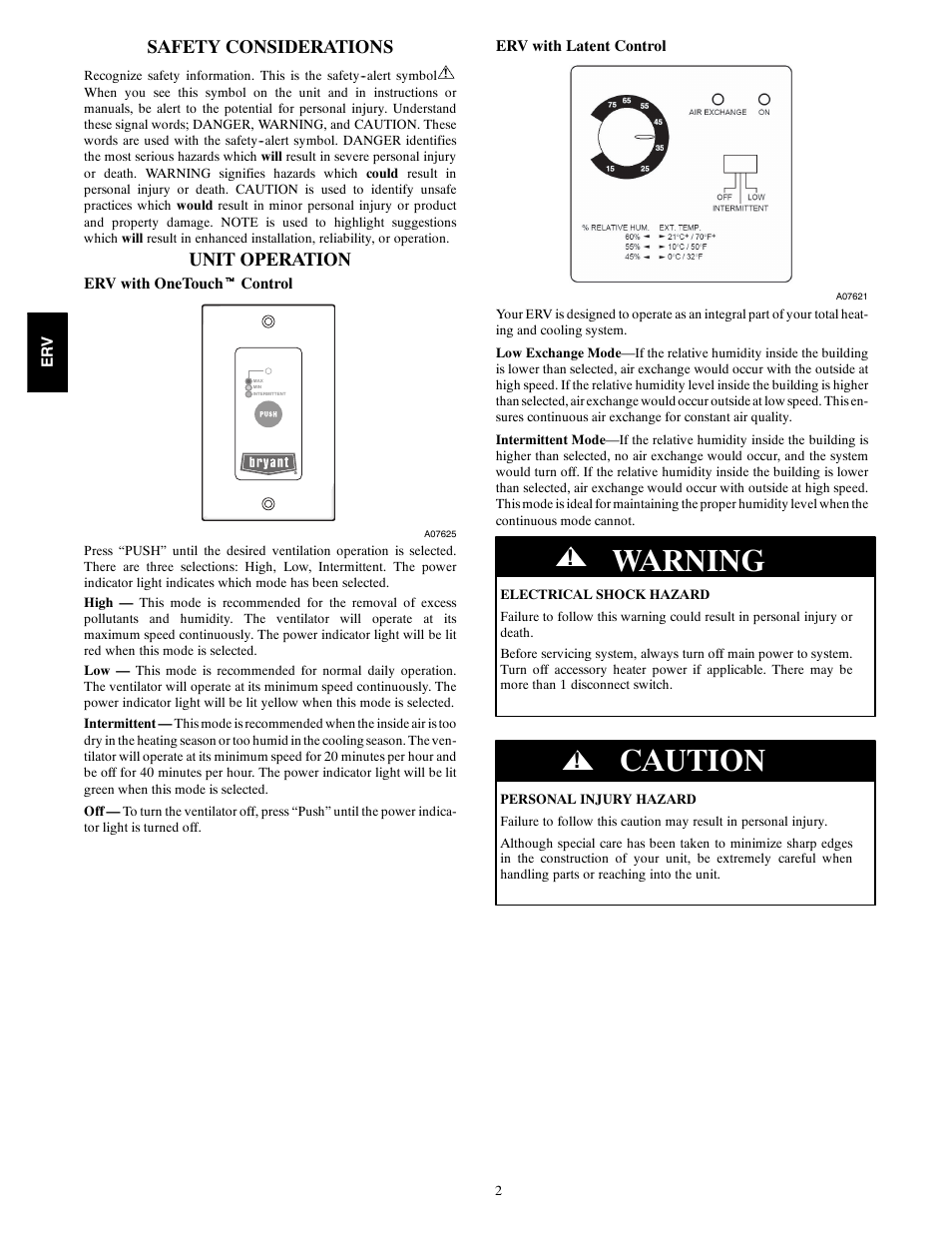 Warning, Caution, Safety considerations | Unit operation | Bryant ERVBBLHA User Manual | Page 2 / 4