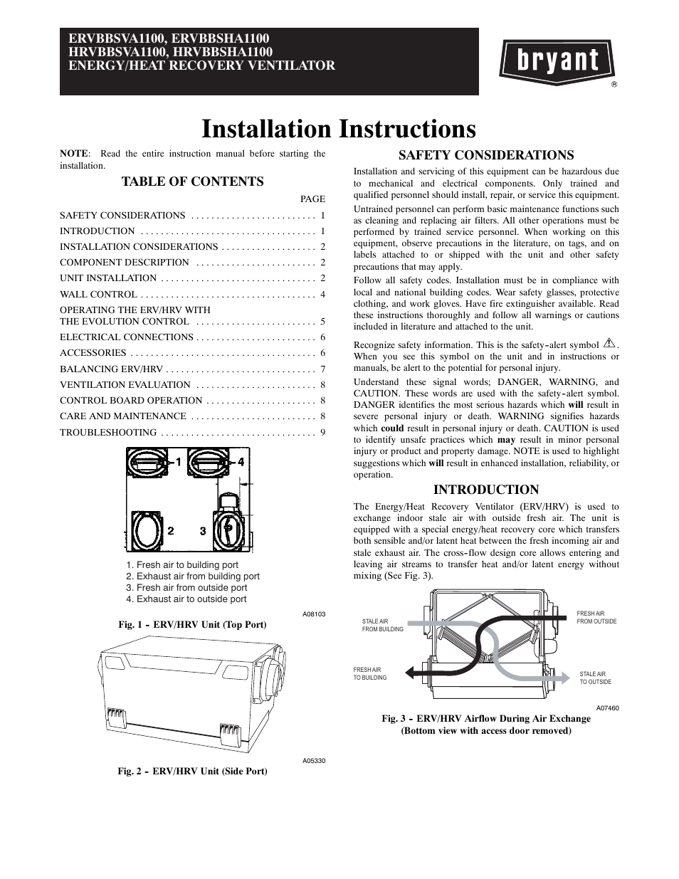 Bryant Energy/Heat Recovery Ventilator ERVBBSVA1100 User Manual | 13 pages