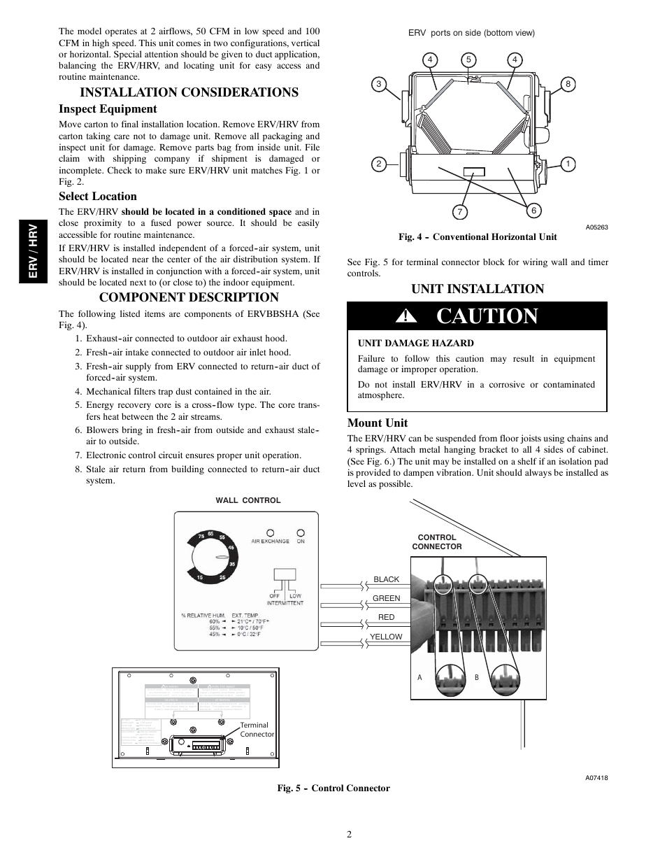 Caution, Installation considerations, Component description | Unit installation, Inspect equipment, Select location, Mount unit, Er v /hr v | Bryant Energy/Heat Recovery Ventilator ERVBBSVA1100 User Manual | Page 2 / 13