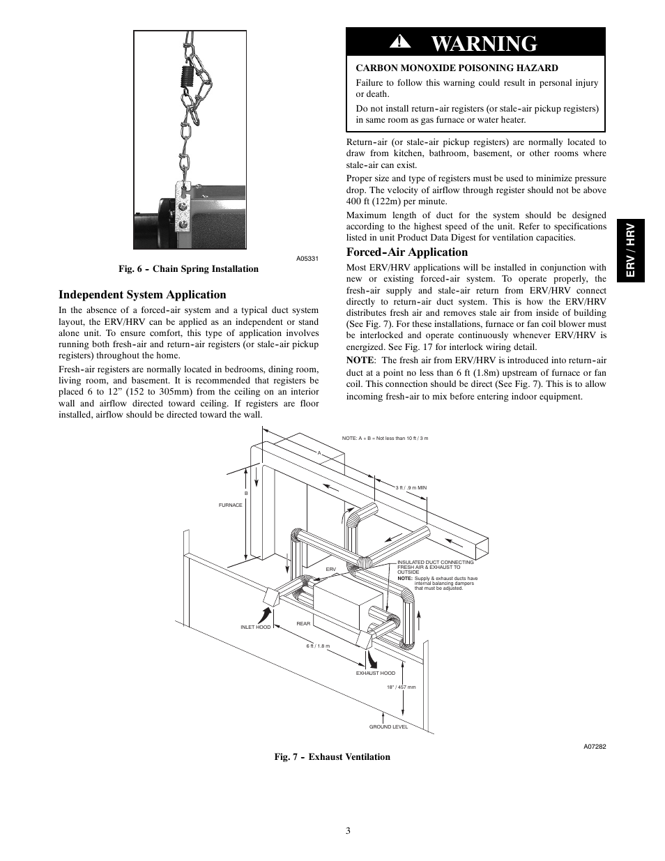 Warning, Independent system application, Forced--air application | Bryant Energy/Heat Recovery Ventilator ERVBBSVA1100 User Manual | Page 3 / 13