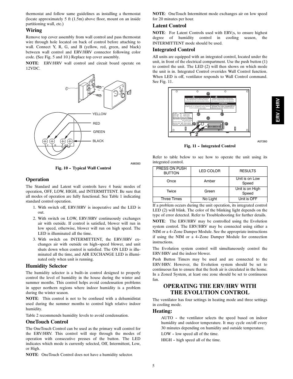 Operating the erv/hrv with the evolution control, Wiring, Operation | Humidity selector, Onetouch control, Latent control, Integrated control, Heating, Er v /hr v | Bryant Energy/Heat Recovery Ventilator ERVBBSVA1100 User Manual | Page 5 / 13