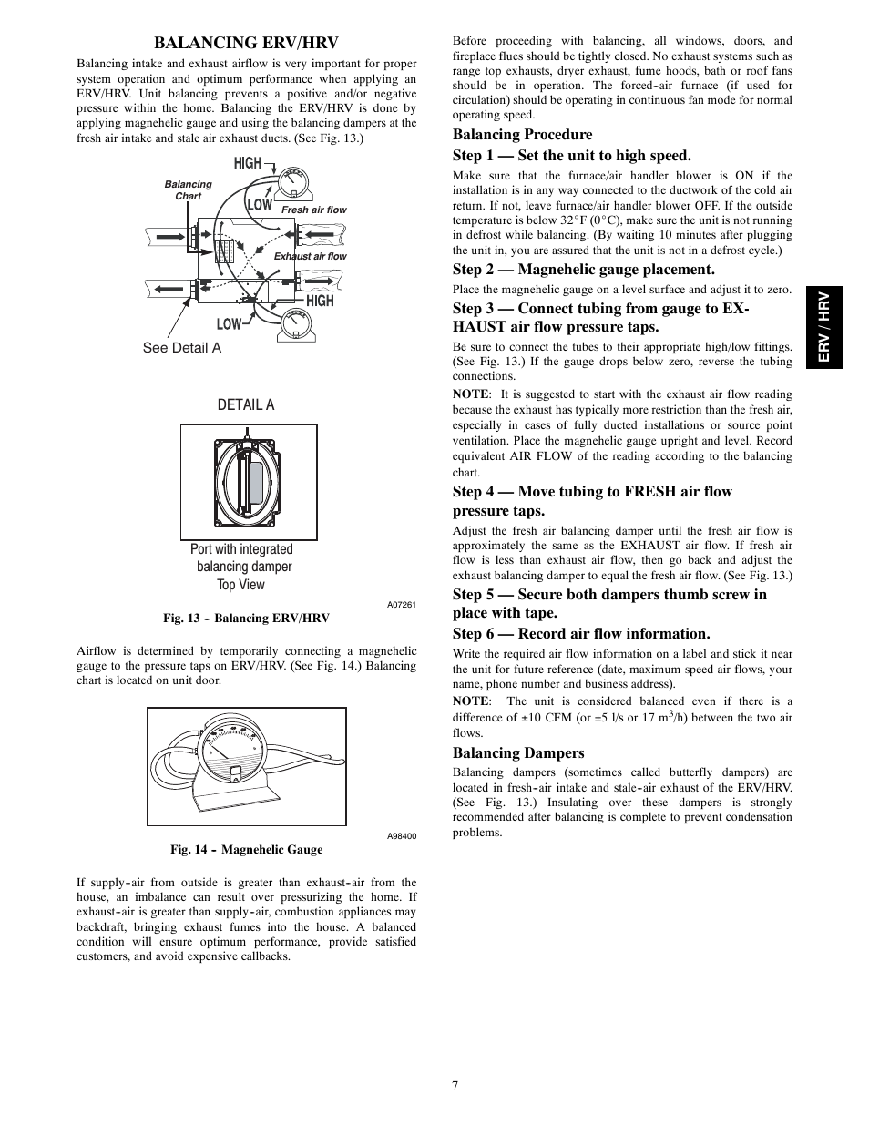 Balancing erv/hrv, Detail a, Step 2 — magnehelic gauge placement | Balancing dampers | Bryant Energy/Heat Recovery Ventilator ERVBBSVA1100 User Manual | Page 7 / 13