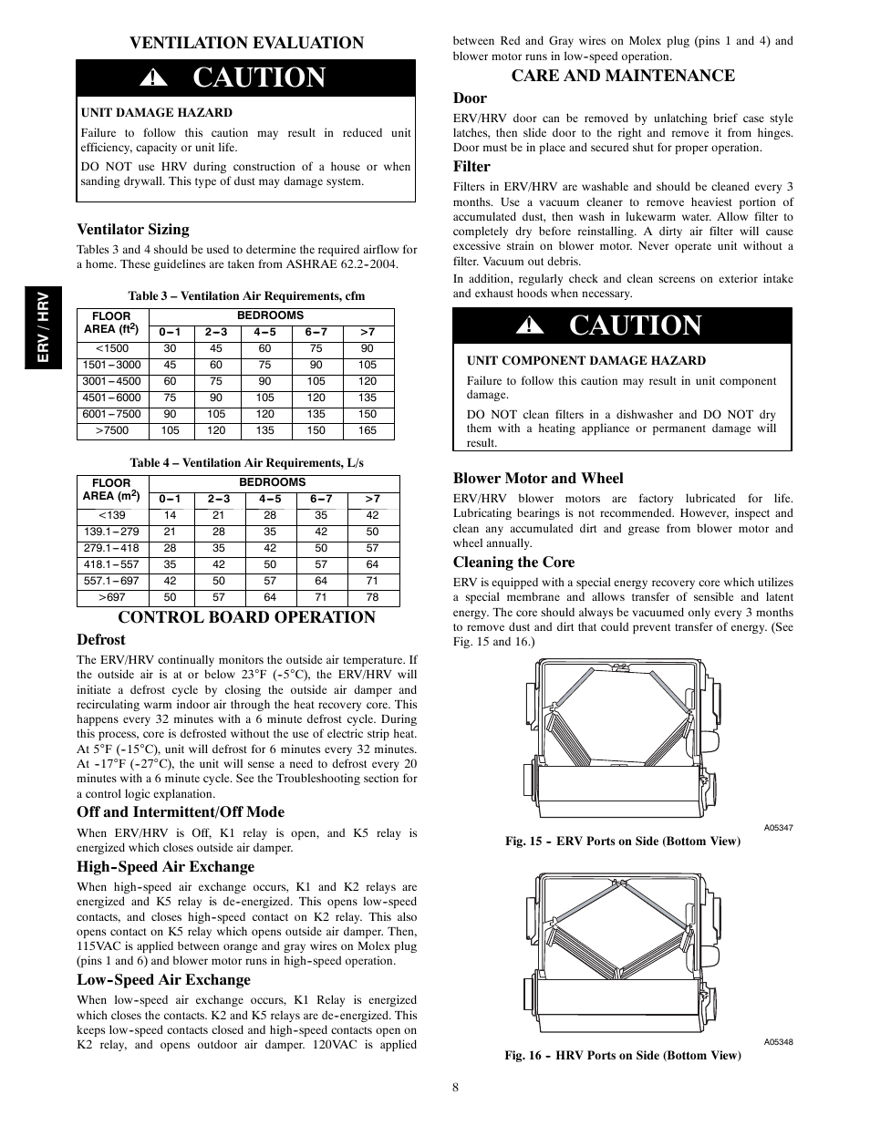 Caution, Ventilation evaluation, Control board operation | Care and maintenance, Ventilator sizing, Defrost, Off and intermittent/off mode, High--speed air exchange, Low--speed air exchange, Door | Bryant Energy/Heat Recovery Ventilator ERVBBSVA1100 User Manual | Page 8 / 13