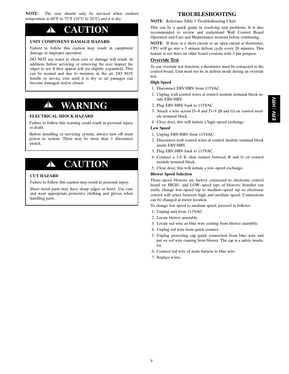 Caution, Warning | Bryant Energy/Heat Recovery Ventilator ERVBBSVA1100 User Manual | Page 9 / 13
