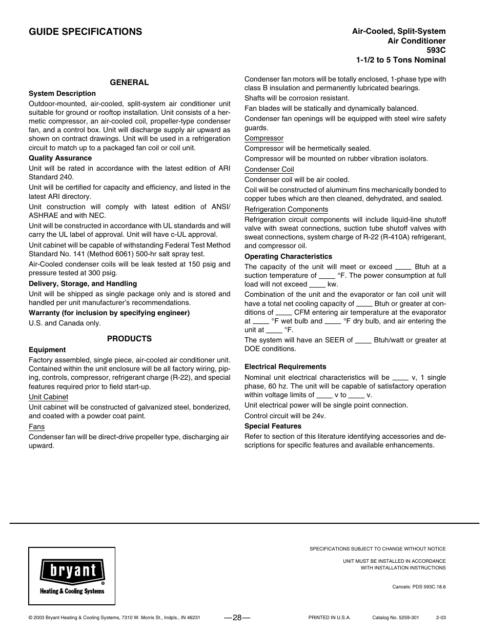 Guide specifications | Bryant 593C User Manual | Page 28 / 28