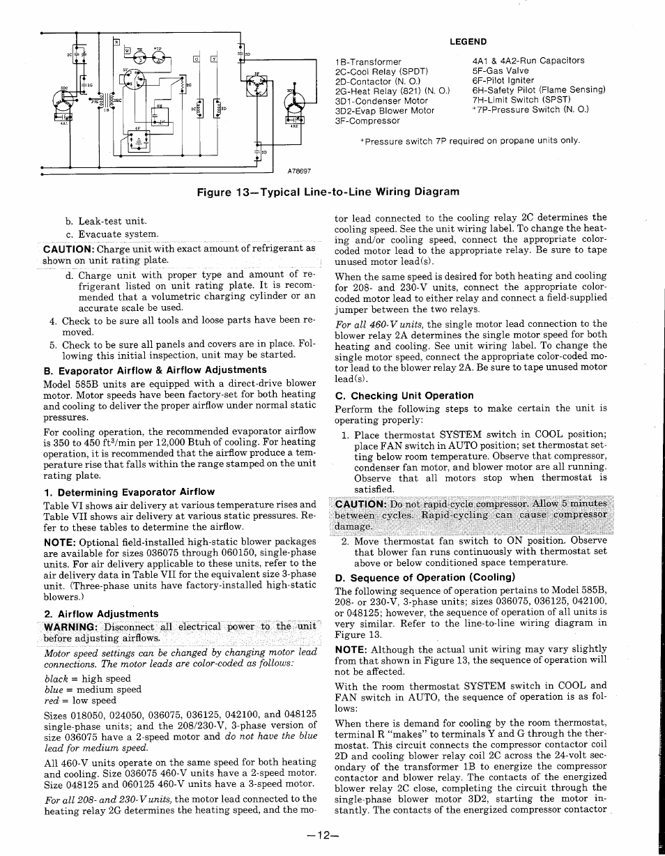 Figure 13—typical line-to-line wiring diagram, B. evaporator airflow & airflow adjustments, Determining evaporator airflow | Airflow adjustments, C. checking unit operation, D. sequence of operation (cooling) | Bryant 585B User Manual | Page 12 / 14