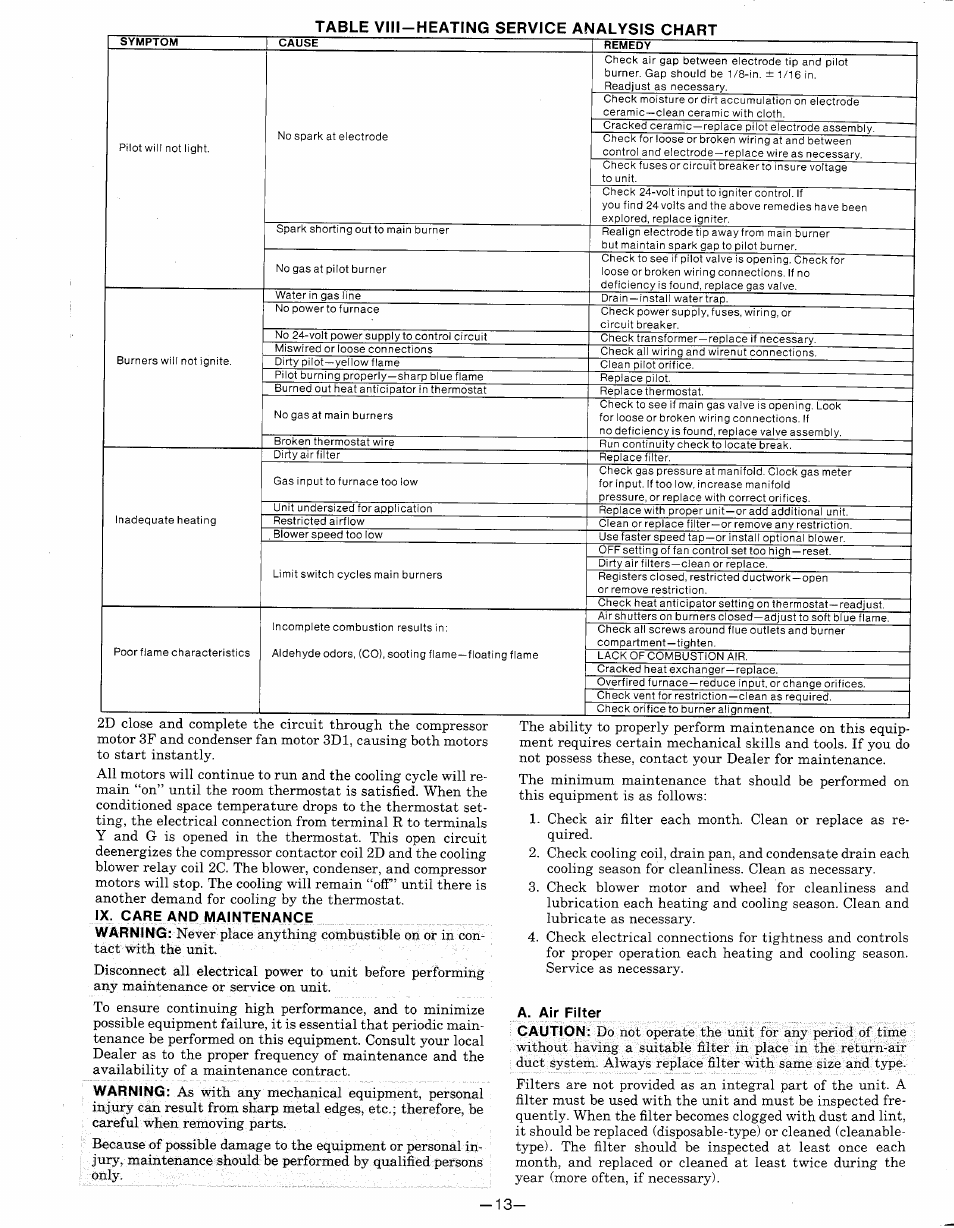 Table vim-heating service analysis chart, Ix. care and maintenance, A. air filter | Bryant 585B User Manual | Page 13 / 14