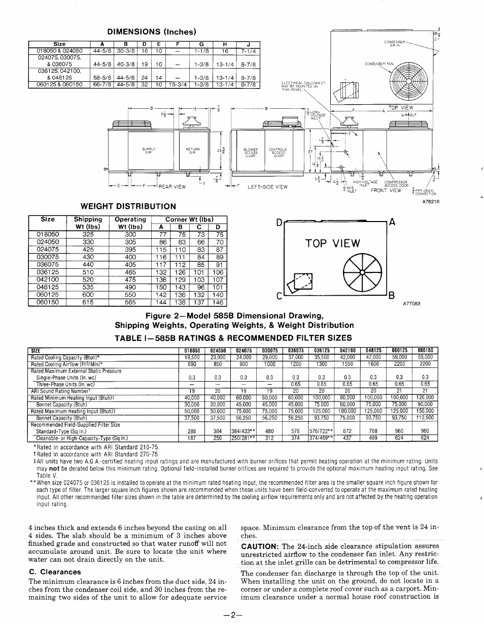 Dimensions (inches), Weight distribution, Table i-585b ratings & recommended filter sizes | C. clearances | Bryant 585B User Manual | Page 2 / 14