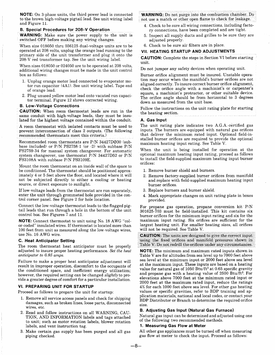 B. low-voltage connections, C. heat anticipator setting, Vi. preparing unit for startup | Vii. heating startup and adjustments, A. gas input, B. adjusting gas input (natural gas furnace), Measuring gas flow at meter | Bryant 585B User Manual | Page 8 / 14