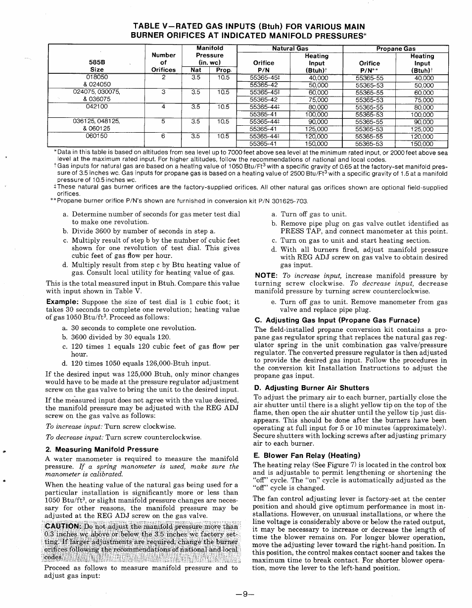 Measuring manifold pressure, C. adjusting gas input (propane gas furnace), D. adjusting burner air shutters | E. blower fan relay (heating) | Bryant 585B User Manual | Page 9 / 14