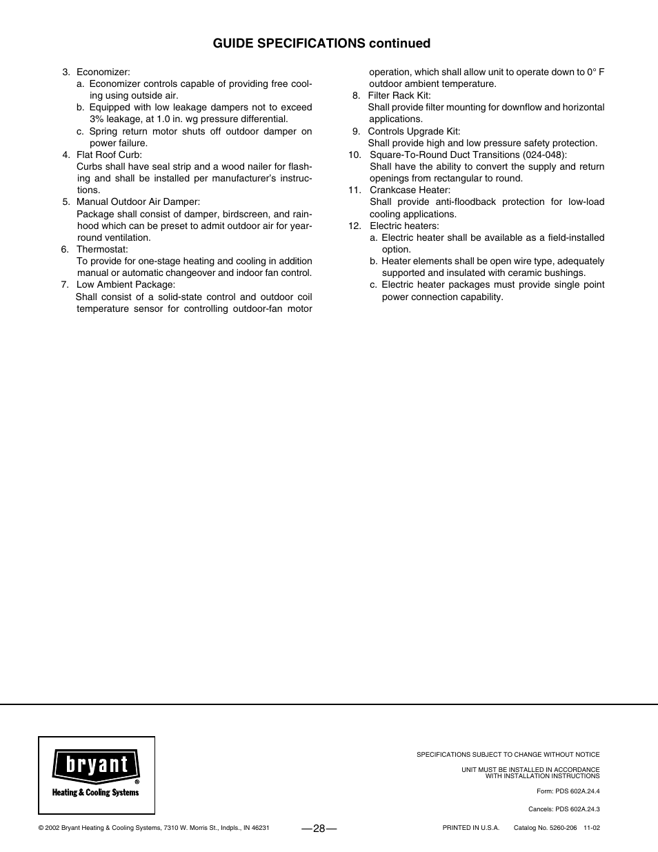 Guide specifications continued | Bryant 602A User Manual | Page 28 / 28