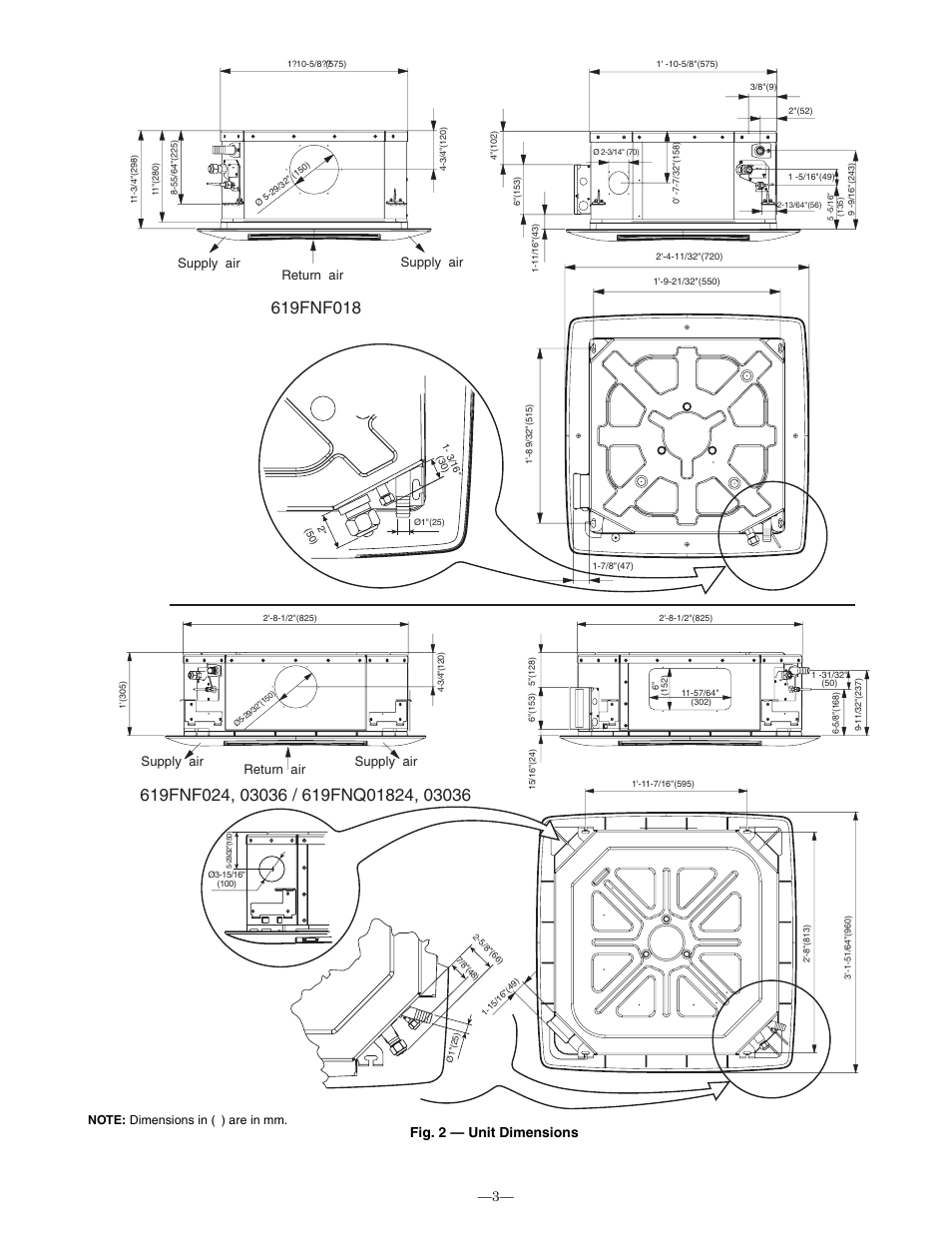 Fig. 2 — unit dimensions, Supply air | Bryant 619FNQ User Manual | Page 3 / 24