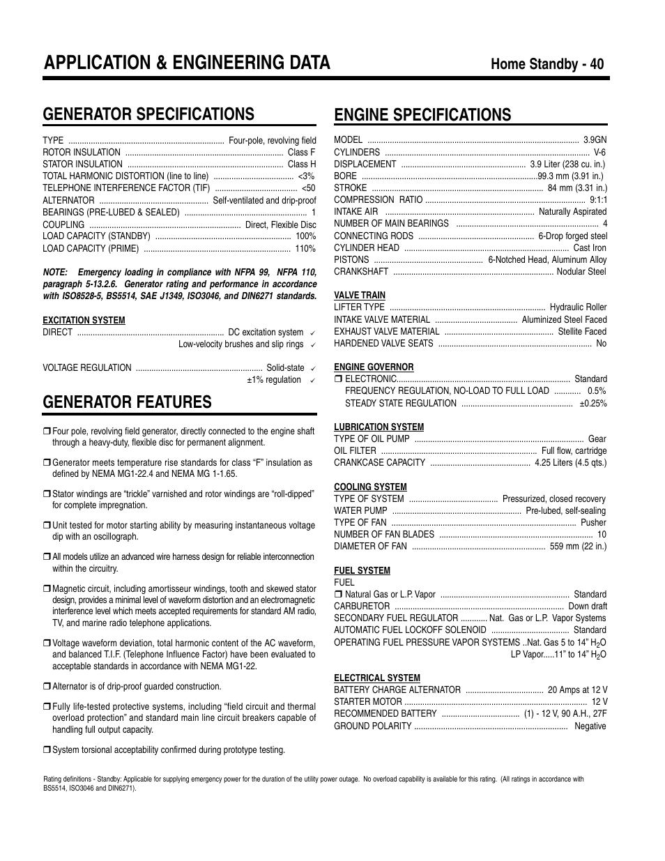 Application & engineering data, Generator specifications, Generator features | Engine specifications, Home standby - 40 | Bryant HOME STANDBY ASPAS1BBL040 User Manual | Page 2 / 4