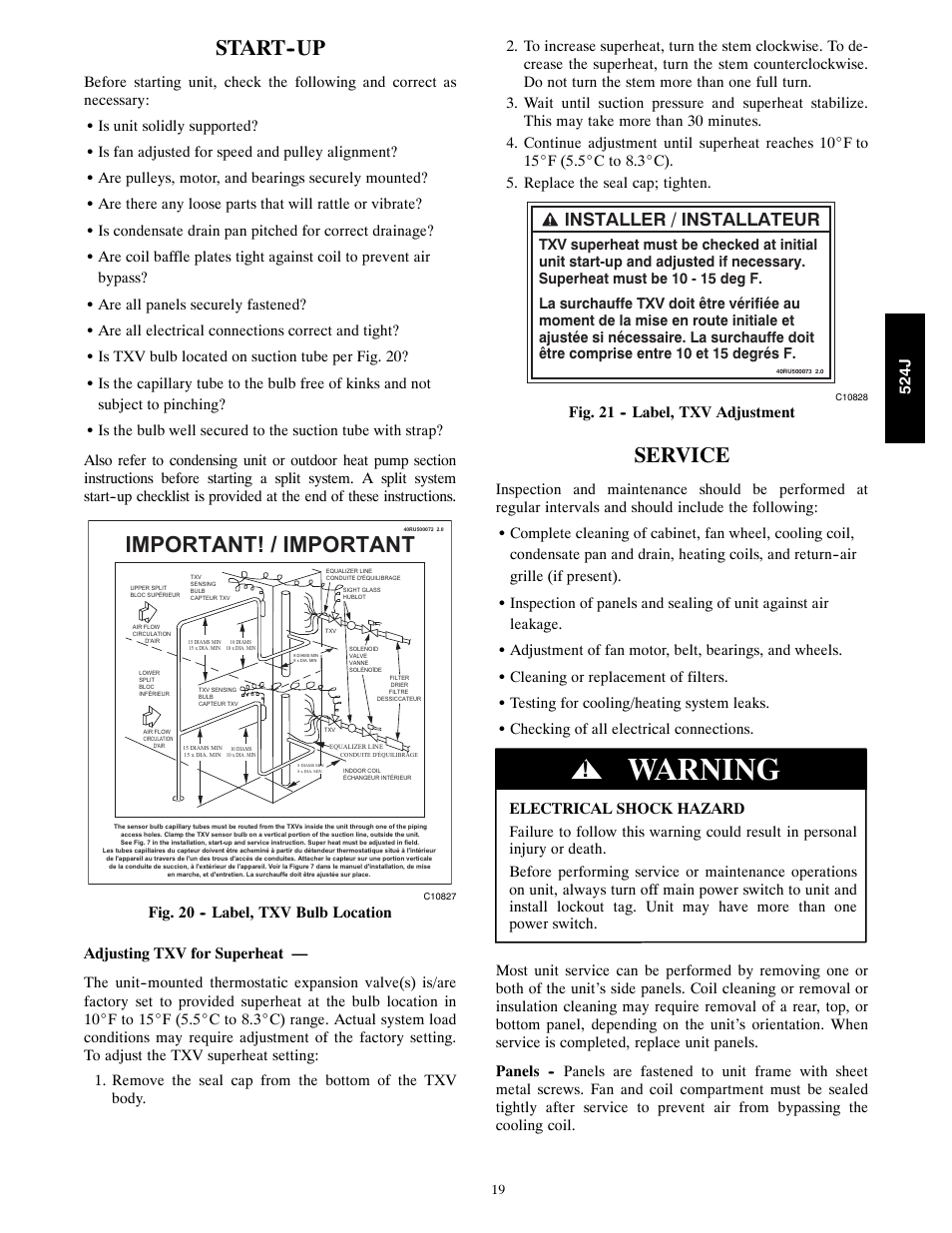 Warning, Important! / important, Start--up | Service, Installer / installateur | Bryant 524J User Manual | Page 19 / 36