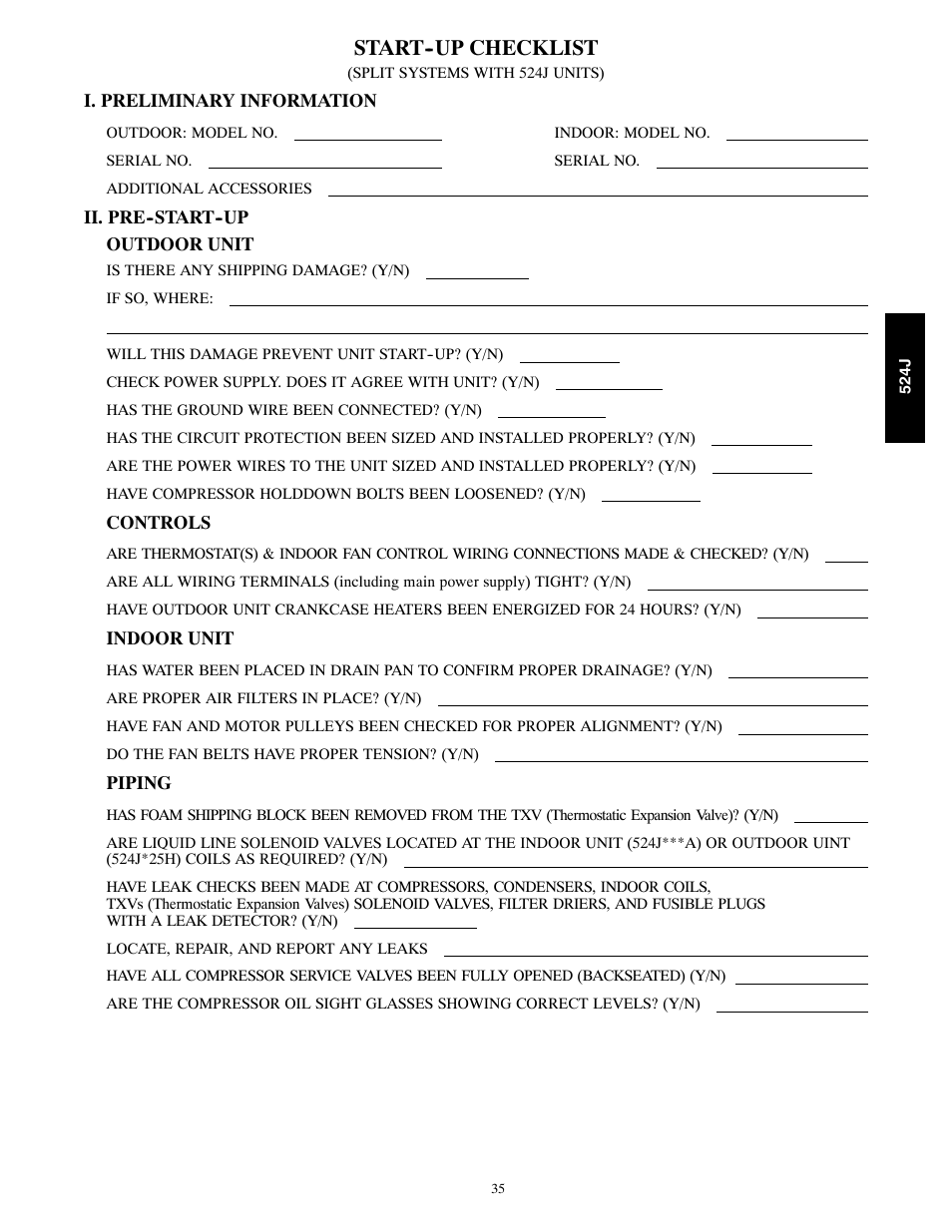 Start--up checklist | Bryant 524J User Manual | Page 35 / 36