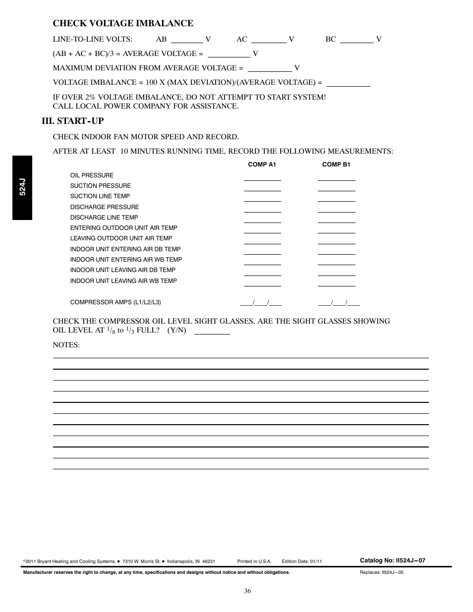 Check voltage imbalance, Iii. start--up | Bryant 524J User Manual | Page 36 / 36