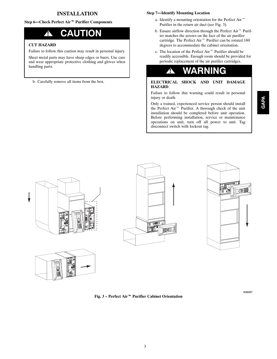 Caution, Warning, Installation | Bryant GAPAAXBB1625 User Manual | Page 3 / 10
