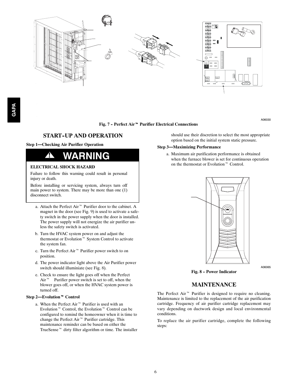 Warning, Start--up and operation, Maintenance | Gap a, Fig. 8 -- power indicator | Bryant GAPAAXBB1625 User Manual | Page 6 / 10