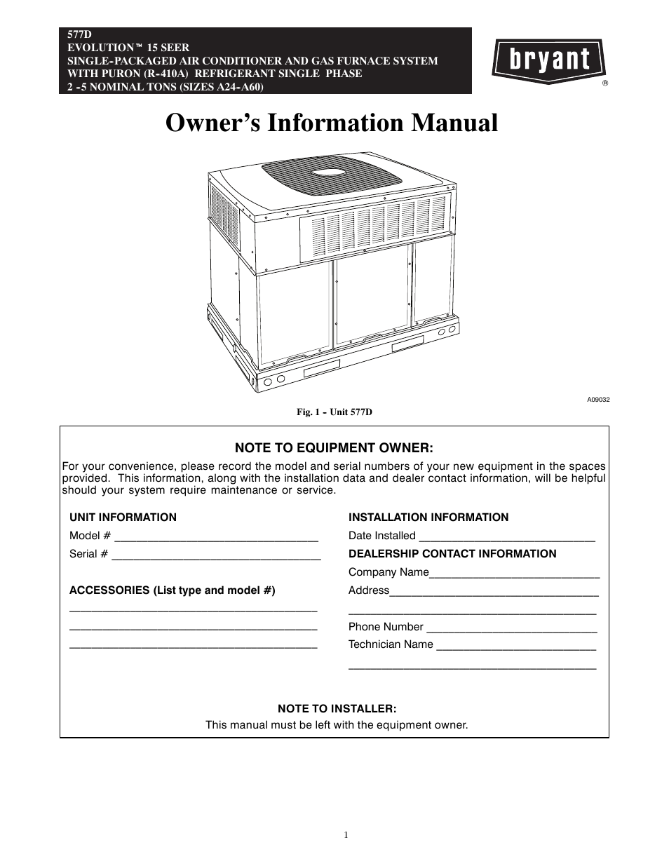 Bryant Single Packaged And Gas Furnace System 577D User Manual | 8 pages