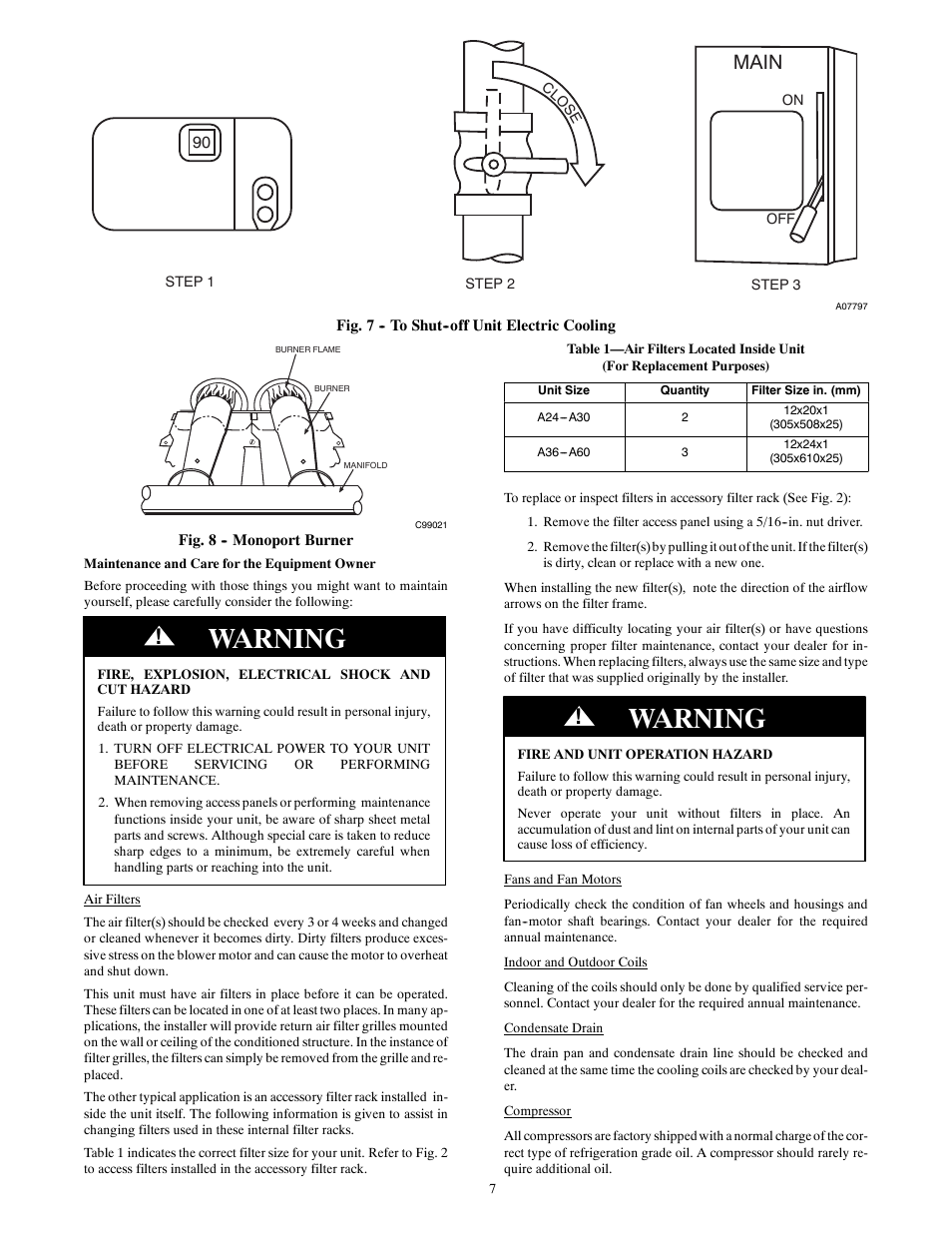 Warning, Main | Bryant Single Packaged And Gas Furnace System 577D User Manual | Page 7 / 8