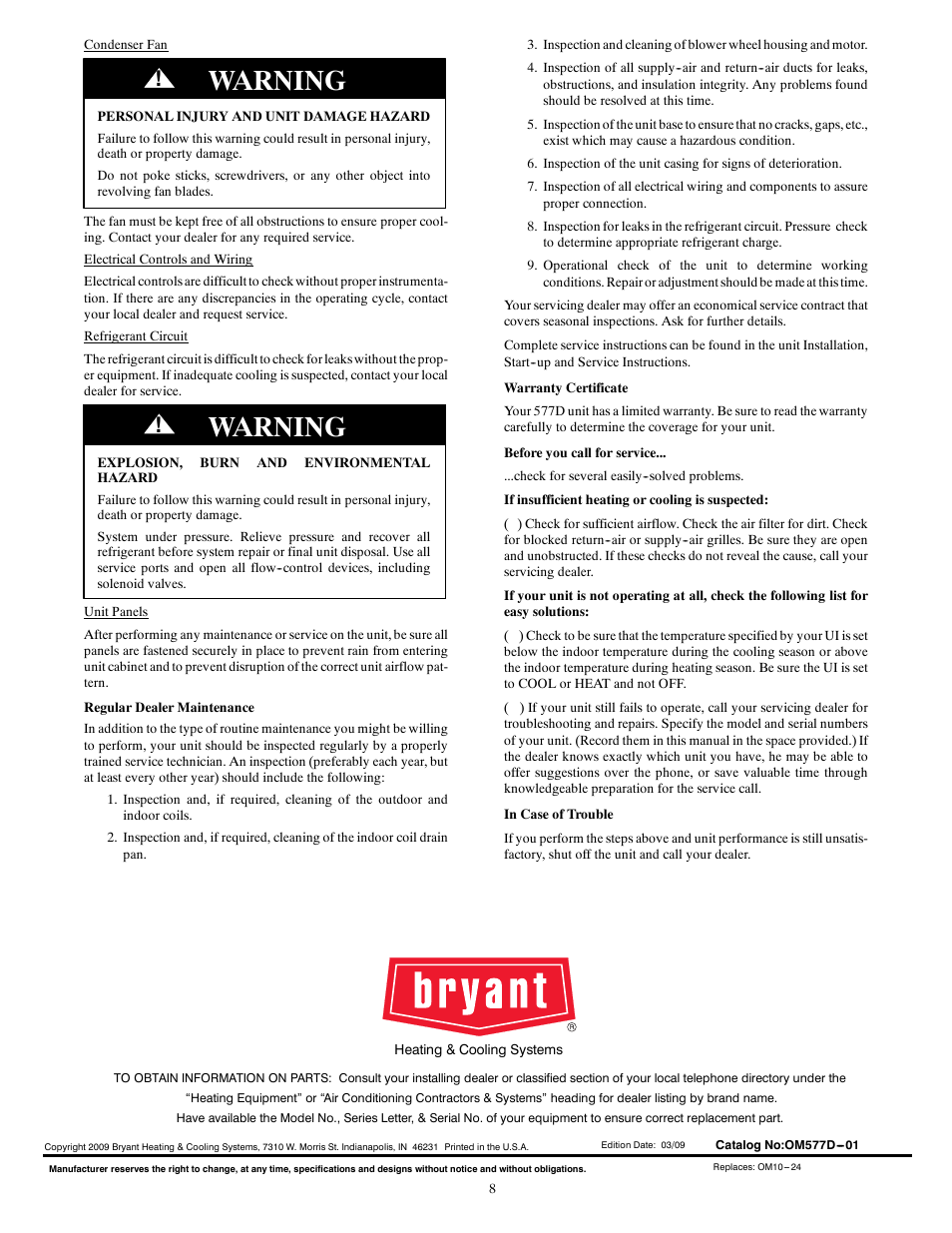 Warning | Bryant Single Packaged And Gas Furnace System 577D User Manual | Page 8 / 8