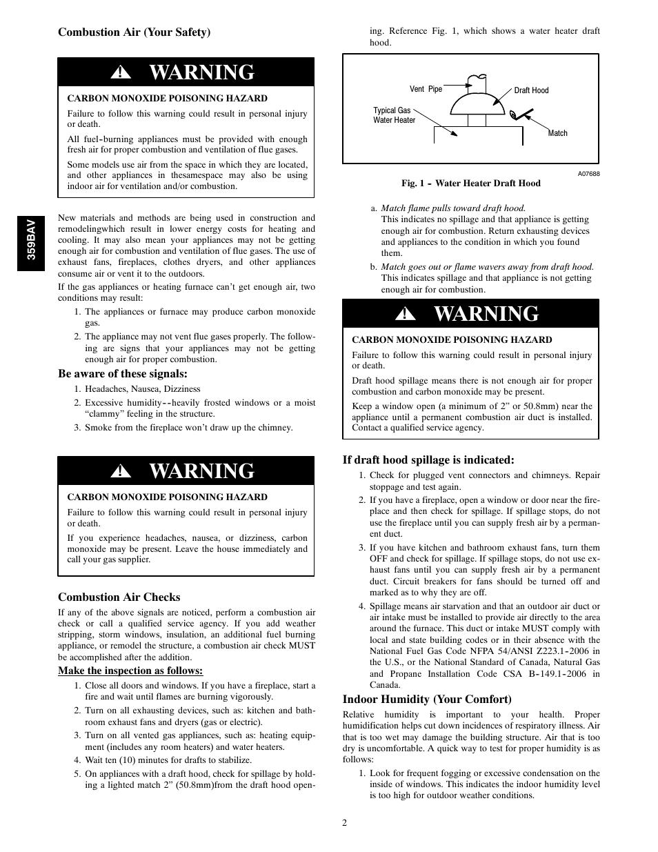 Warning | Bryant 359BAV User Manual | Page 2 / 8