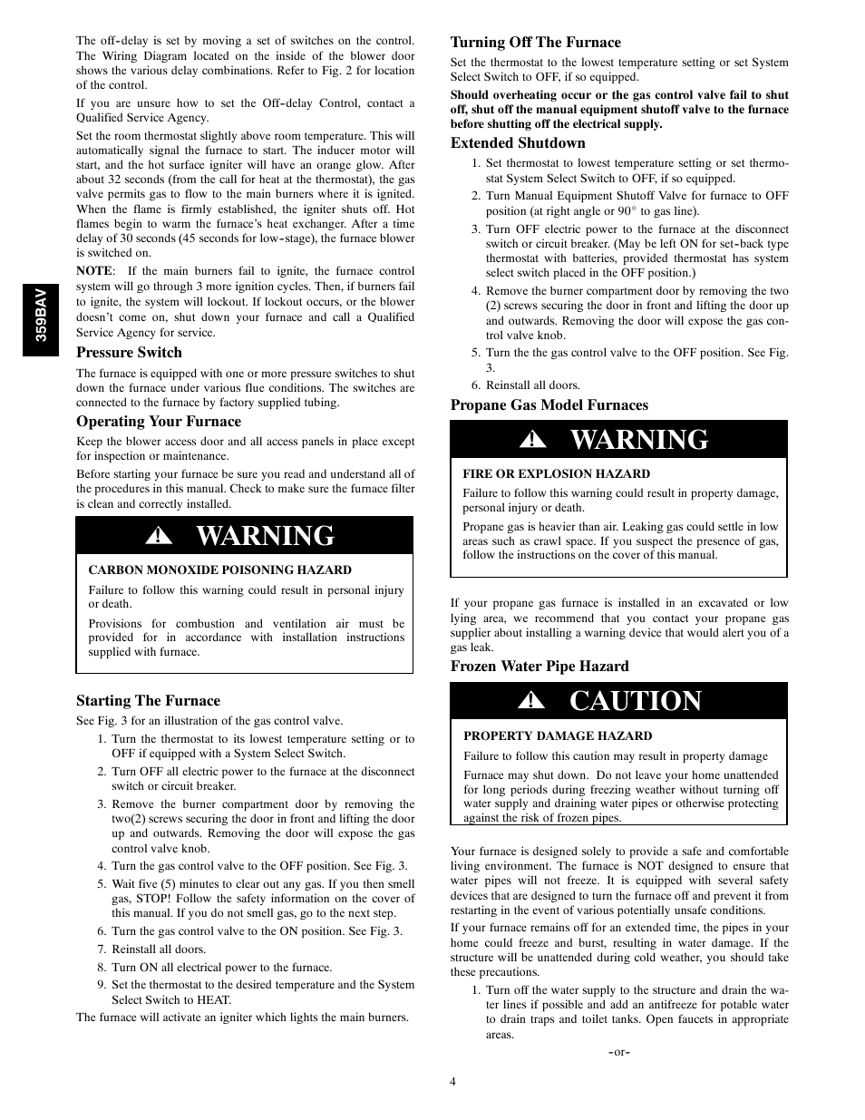 Warning, Caution | Bryant 359BAV User Manual | Page 4 / 8