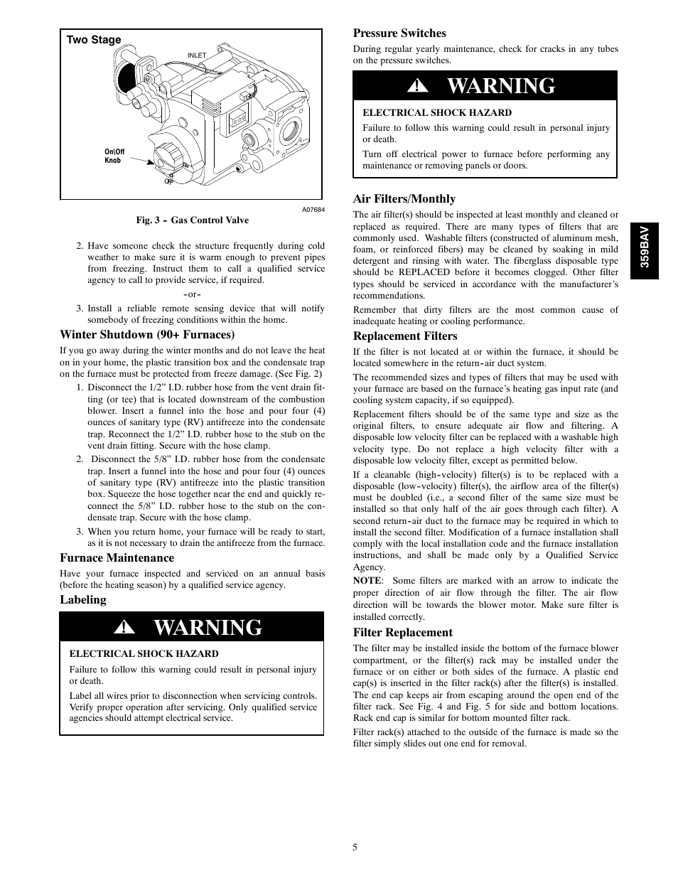 Warning, Winter shutdown (90+ furnaces), Furnace maintenance | Labeling, Pressure switches, Air filters/monthly, Replacement filters, Filter replacement | Bryant 359BAV User Manual | Page 5 / 8