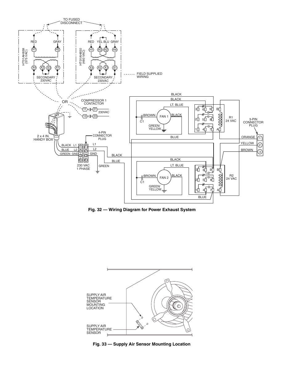 Fig. 33 — supply air sensor mounting location, Fig. 32 — wiring diagram for power exhaust system | Bryant 548D User Manual | Page 18 / 40