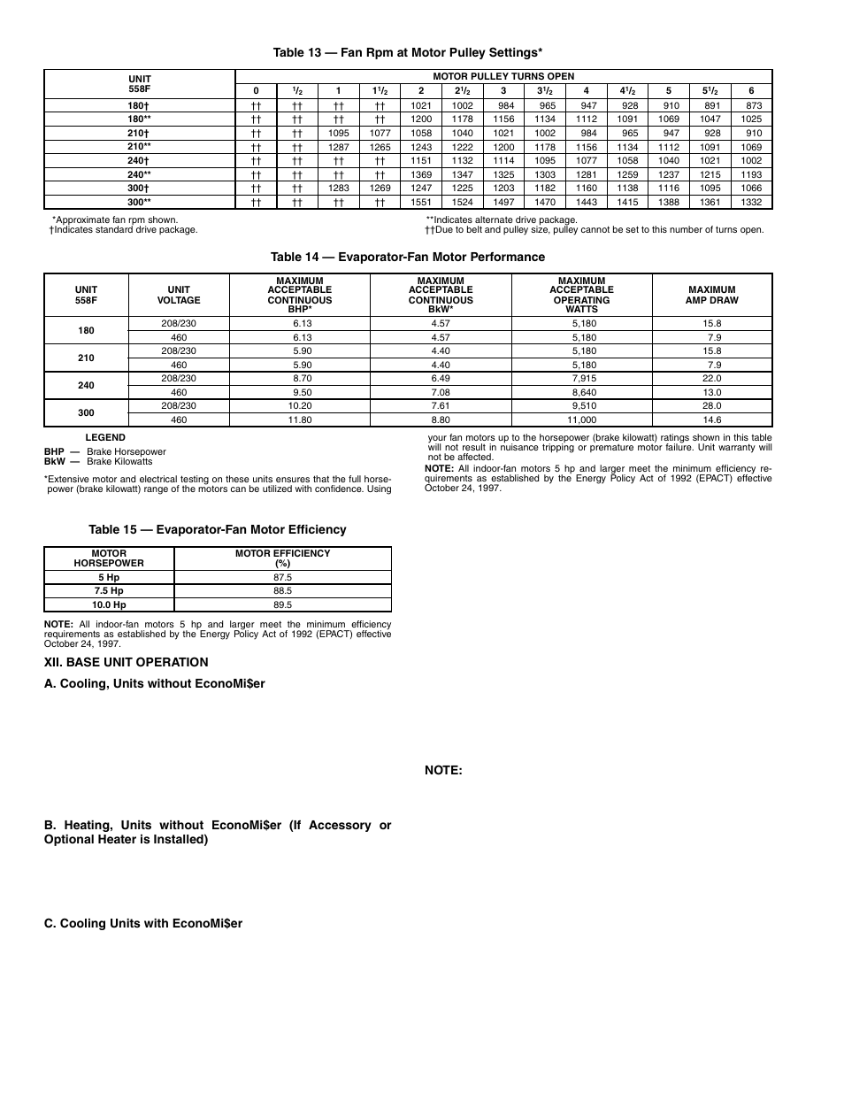 Table 13 — fan rpm at motor pulley settings, Table 14 — evaporator-fan motor performance, Table 15 — evaporator-fan motor efficiency | Bryant 558F User Manual | Page 24 / 40