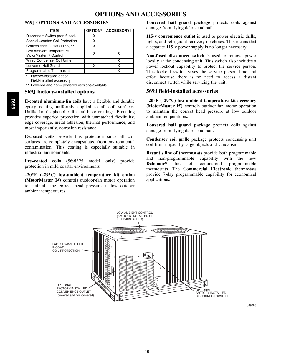 Options and accessories, 569j factory-installed options, 569j field-installed accessories | Bryant LEGACY 569J User Manual | Page 10 / 52