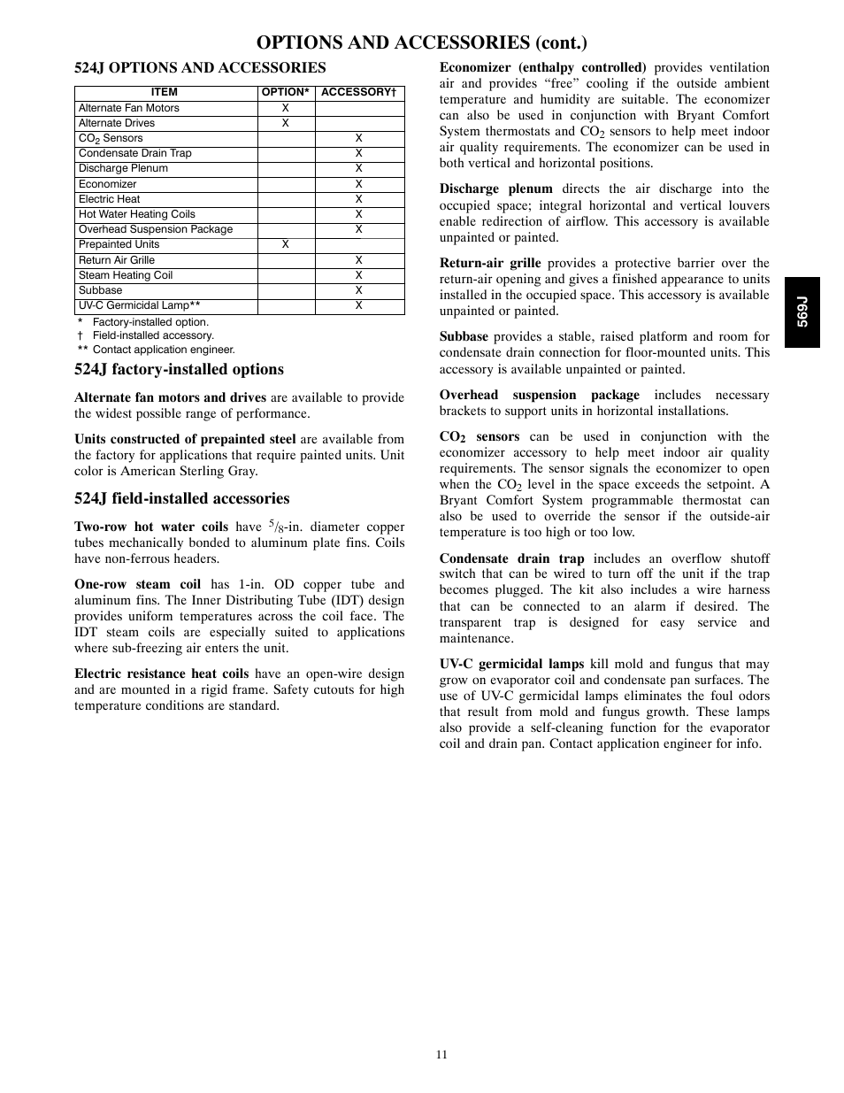 Options and accessories (cont.), 524j factory-installed options, 524j field-installed accessories | Bryant LEGACY 569J User Manual | Page 11 / 52