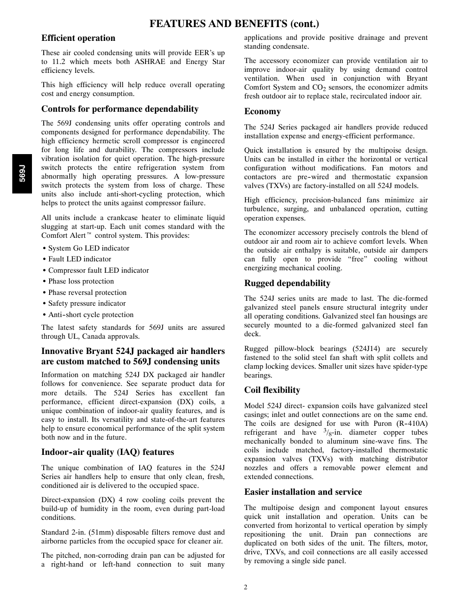 Features and benefits (cont.) | Bryant LEGACY 569J User Manual | Page 2 / 52