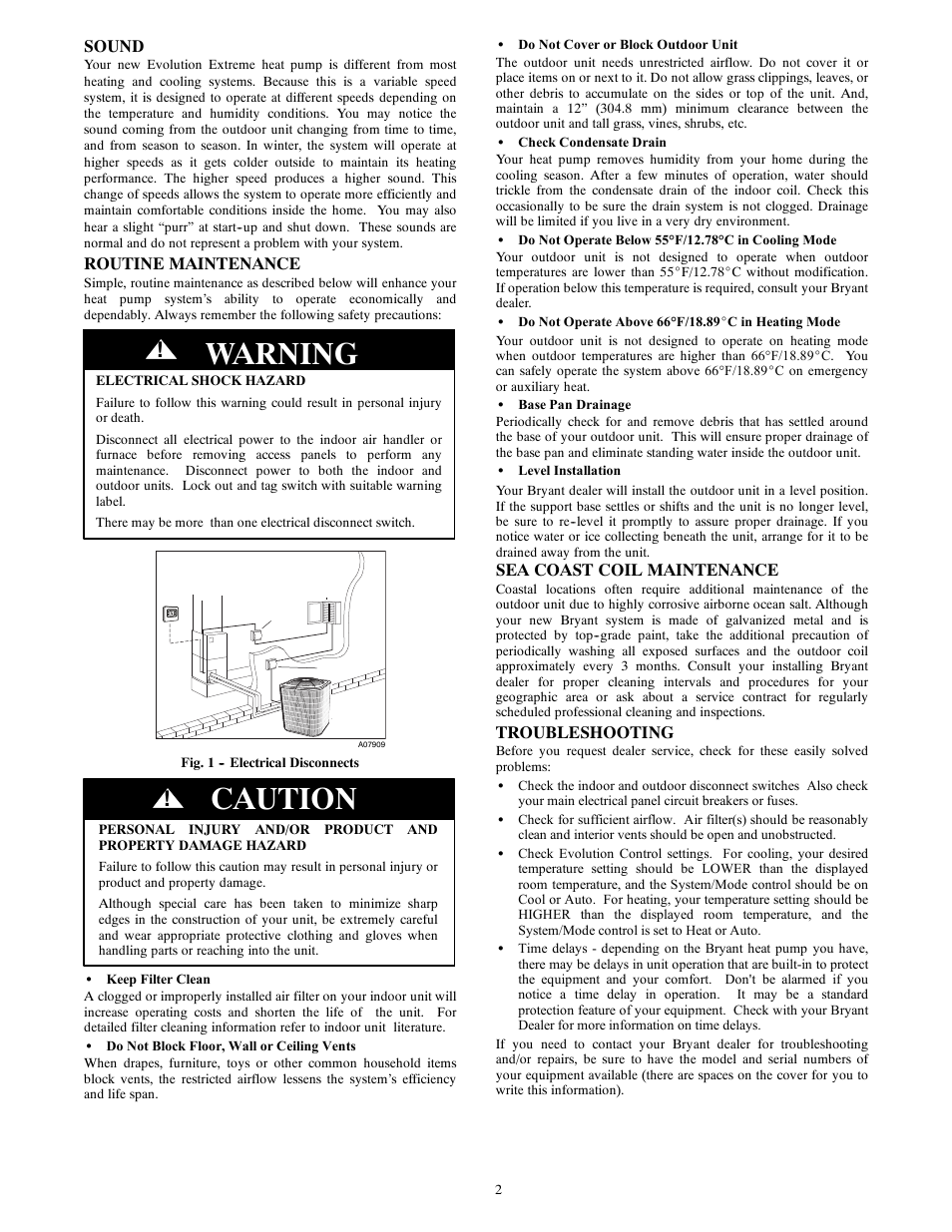 Warning, Caution, Sound | Routine maintenance, Sea coast coil maintenance, Troubleshooting | Bryant EVOLUTIONR EXTREME VARIABLE SPEED HEAT PUMP WITH PURONr REFRIGERANT 280ANV User Manual | Page 2 / 4