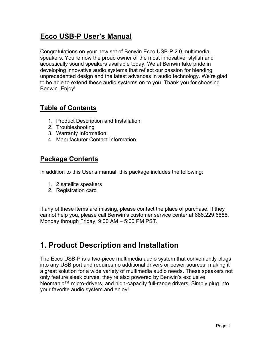 Benwin Ecco USB-P 2.0 User Manual | Page 2 / 7